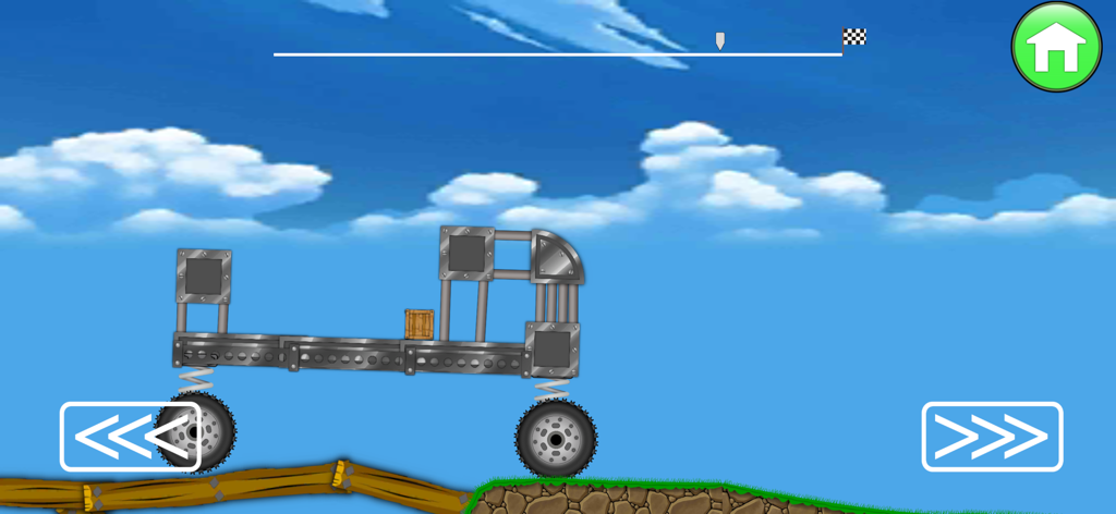 Un vehículo con marco metálico construido a medida con grandes neumáticos transportando carga en una pista 2D montañosa.