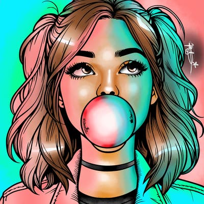 realististic girl blowing bubble -gum
