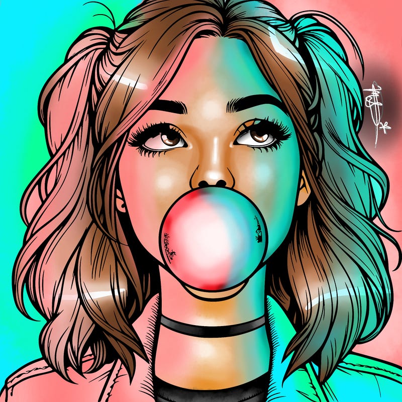 realististic girl blowing bubble -gum