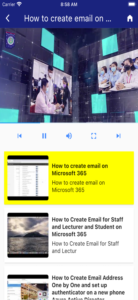 Video tutorial screen in the Build Bright University app displaying a list of guides for setting up Microsoft 365 emails.