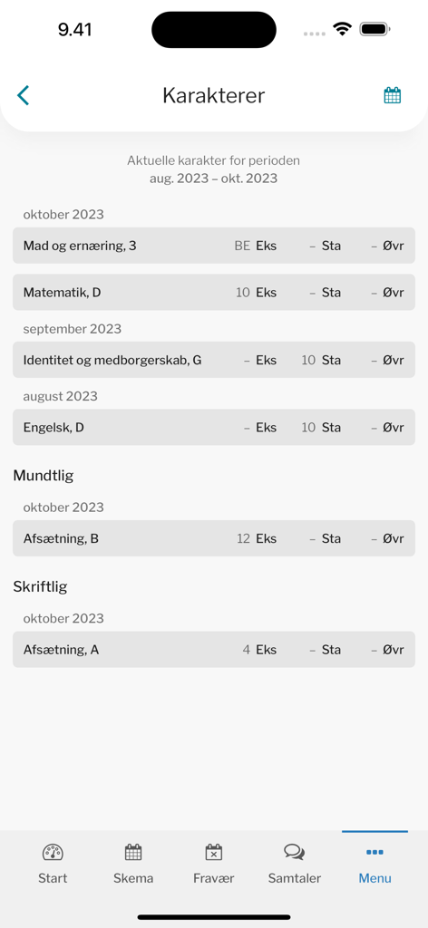 Studie+ - A mobile app interface displaying a student's grades and academic results for different subjects over a period of several months