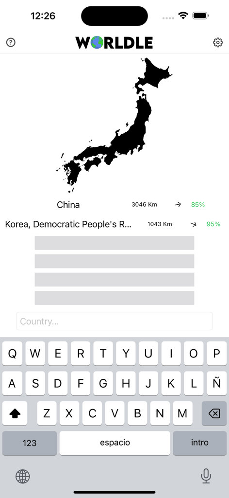 Worldle geography game screen featuring a country silhouette and proximity hints based on previous guesses