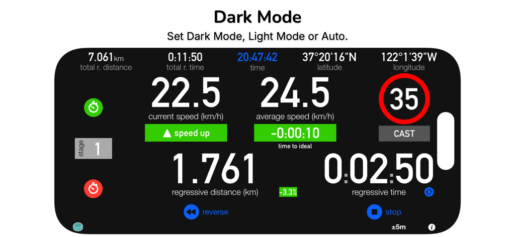 3pRally - TSD Rally - 3pRally TSD Rally app interface in dark mode showing navigation and speed data