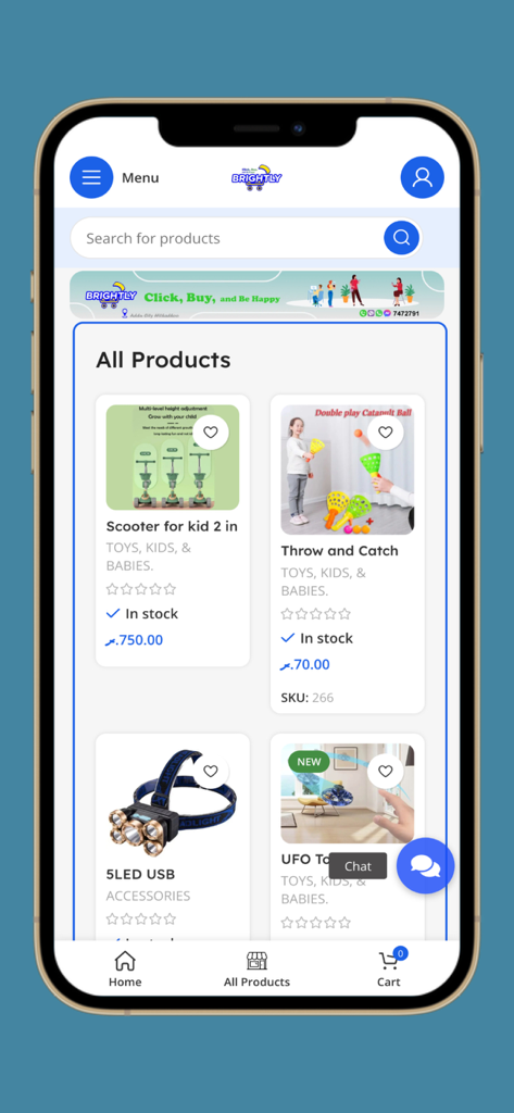 Brightly MV shopping app product listing page showing toys and electronics