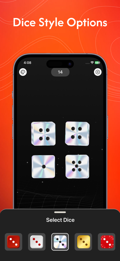 Dice Roller - Roll the Dice - A smartphone interface displaying several dice design choices and a selection of holographic dice on screen.