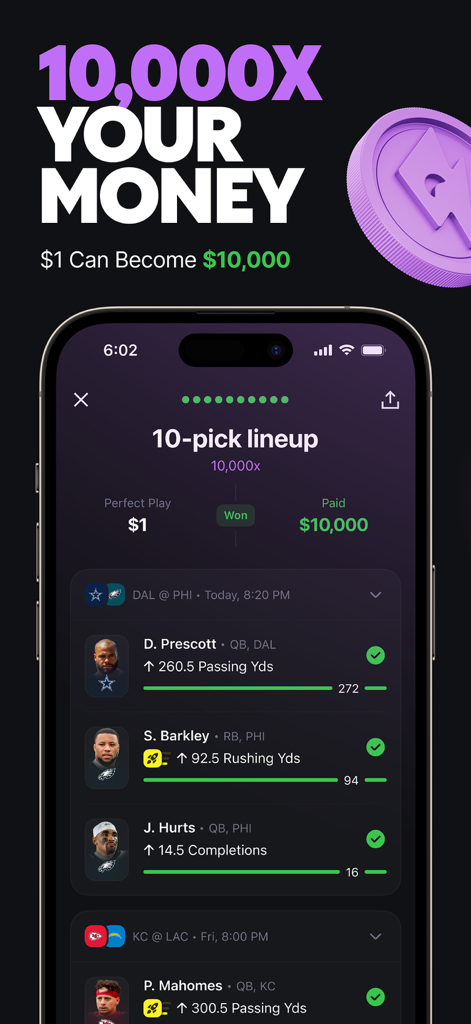 Betr Picks & Sportsbook - Screenshot of the Betr Picks app showing a 10-pick lineup with a 10,000x multiplier potential payout