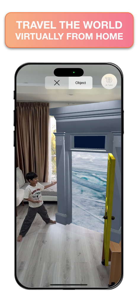 Hologo - A child using the Hologo app to explore a virtual world through an augmented reality portal in a living room