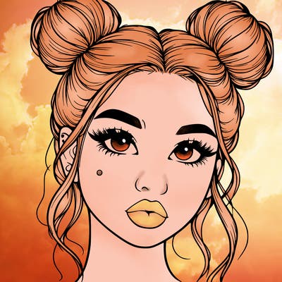 realistic girl with two buns on her hair and lips