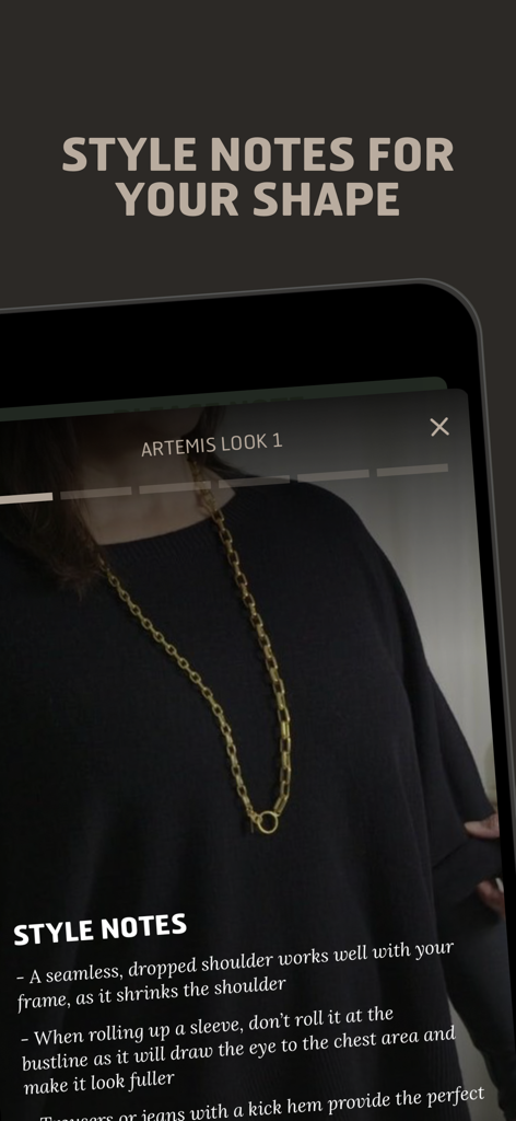 특정 체형에 대한 개인화된 스타일 노트와 패션 팁을 표시하는 Think Shape 앱 인터페이스