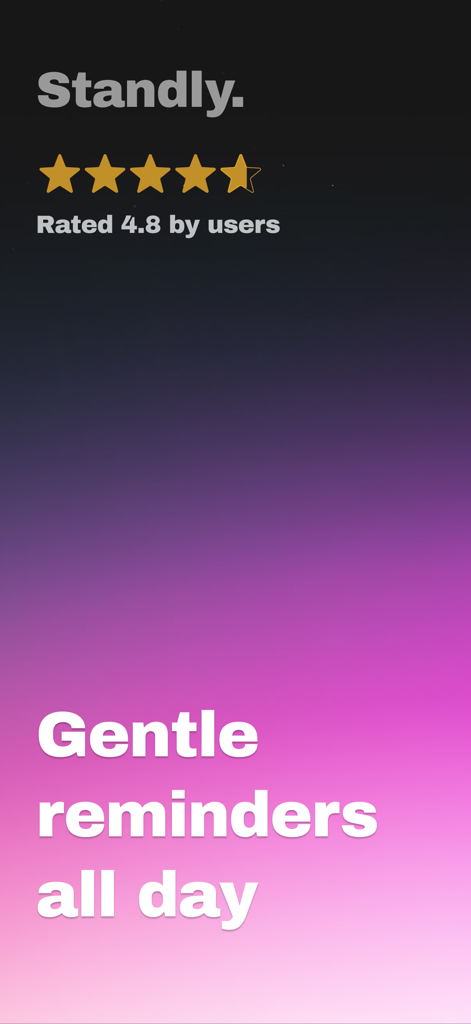 Standly | Standing desk timer - Standly app screen showing a 4.8 user rating and promotional text for gentle reminders