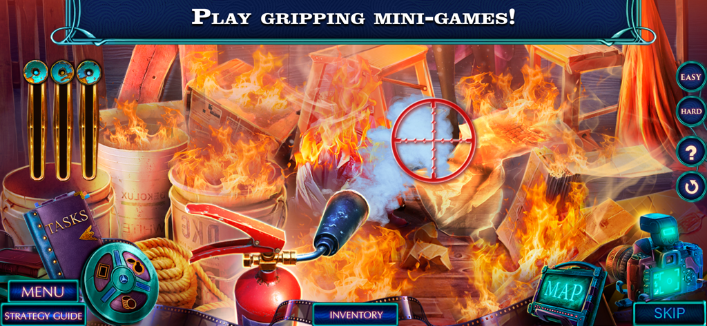 Fatal Evidence 4 - F2P - Hidden object mini-game from Fatal Evidence 4 showing a fire scene with a fire extinguisher and detective tools.