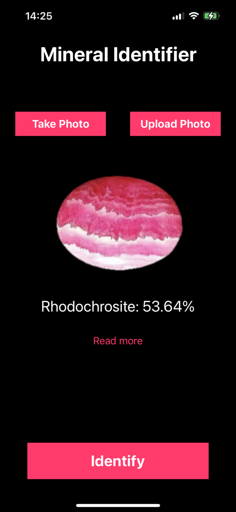 Mineral Identifier app interface showing the identification of a pink rhodochrosite stone