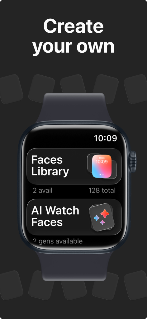 WatchWalls AI: Ultra Walls - Apple Watch Ultra interface showing options for Faces Library and AI Watch Faces