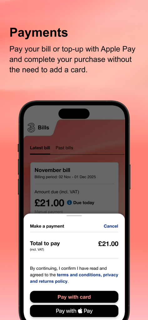 Schermata di pagamento nell'app Three che mostra i dettagli della bolletta e le opzioni per pagare con carta o Apple Pay.
