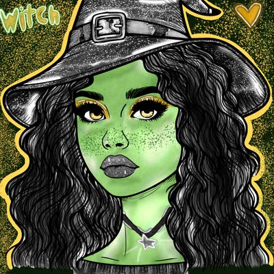 realistic girl with wavy hair a witch hat and a nose and lips and eyes