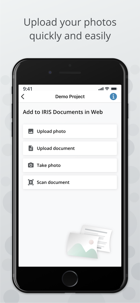 IRIS site - Interfaz de la aplicación IRIS site para cargar fotos y escanear documentos para proyectos de construcción