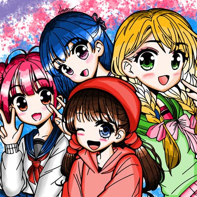 manga girl with friends