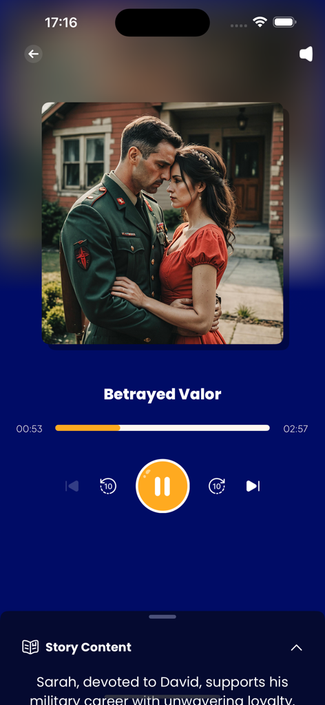 Amor: Drama, Shorts, Stories - Audiobook player interface in the Amor app playing a military romance story titled Betrayed Valor