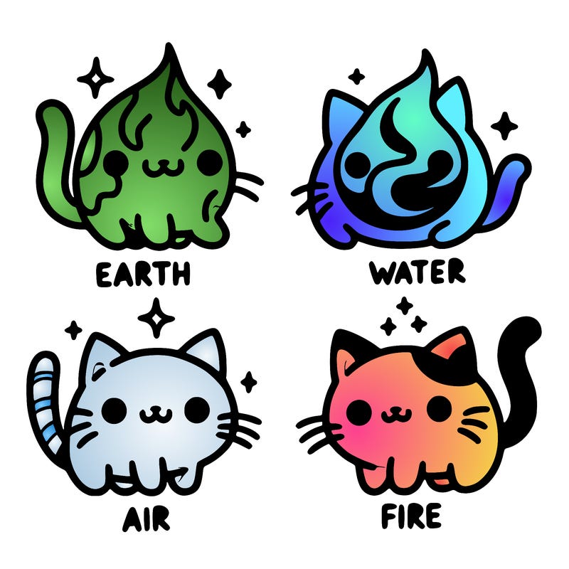 4 cats that represent the different elements, earth, water, air, and fire