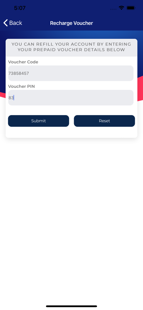Recharge Voucher screen in the Spectranet Selfcare app for account refill.