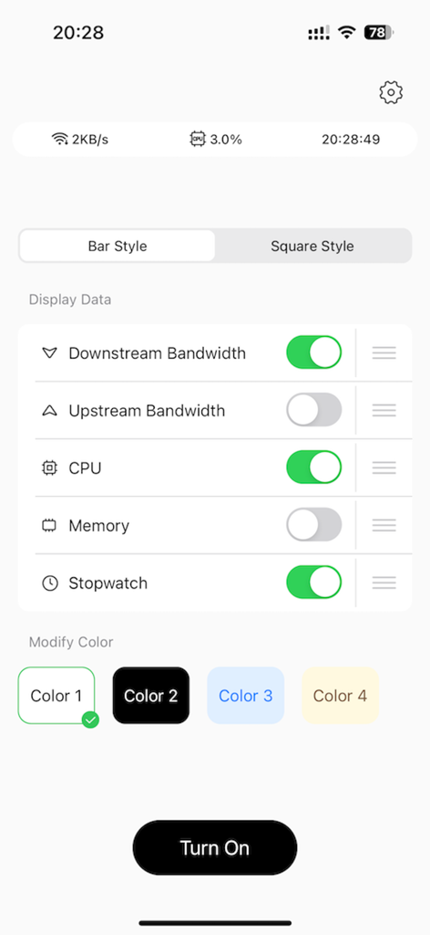 Landing On - A configuration screen for the Landing On app showing options to monitor CPU, network speed, and memory with customizable styles and colors.