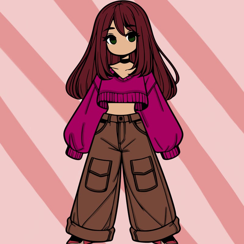 cute girl with straight hair in baggy jeans and a crop top and a sweater