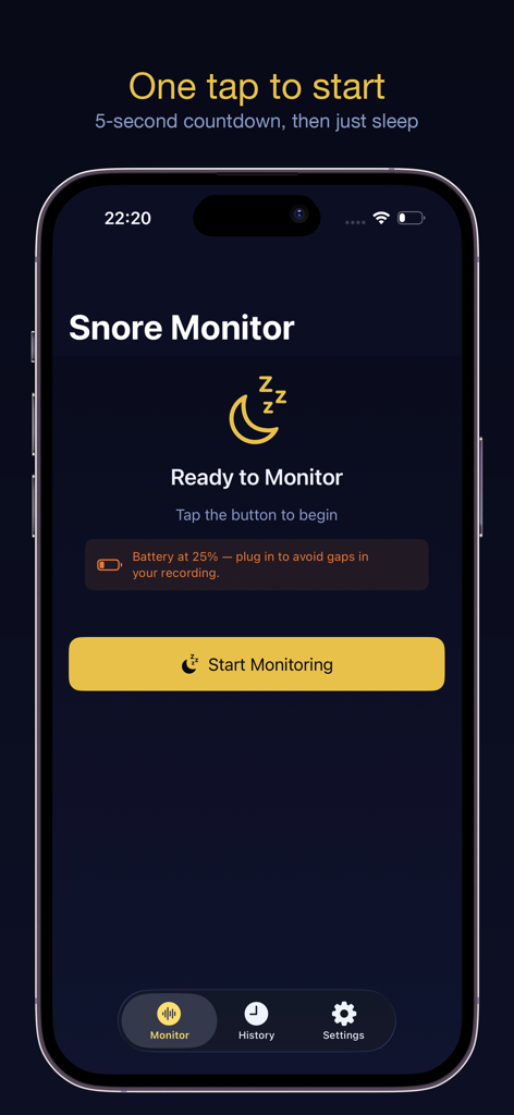 NightSnore - NightSnore app interface on iPhone showing the ready to monitor screen with a start button