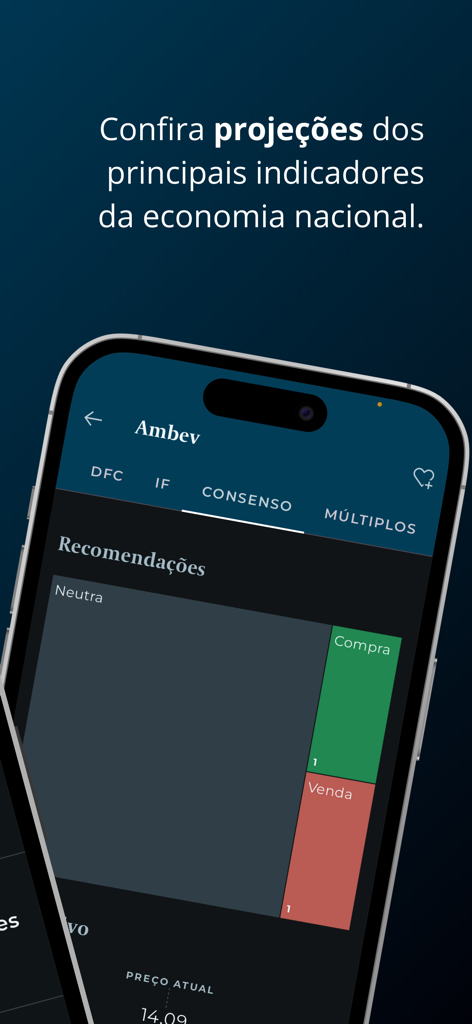 Ambev에 대한 시장 추천 및 경제 지표를 보여주는 Valor PRO 앱이 표시된 스마트폰 화면
