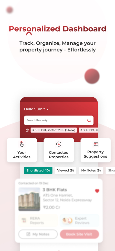 Personalized dashboard of Magicbricks property search app showing shortlisted listings and user activities