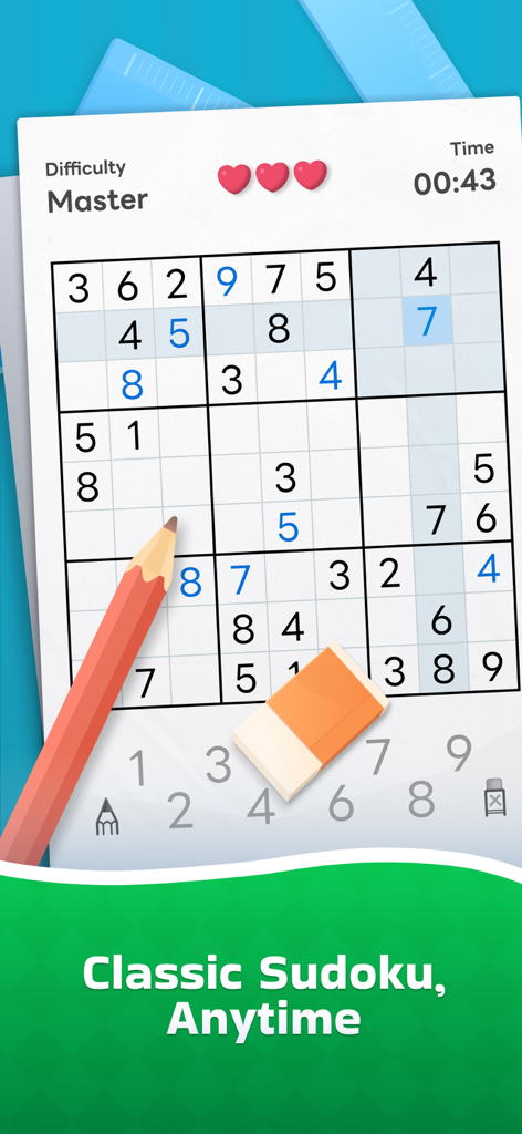 Sudoku Now! - Jugabilidad de Sudoku Ahora mostrando un puzzle de nivel maestro con herramientas de lápiz y borrador