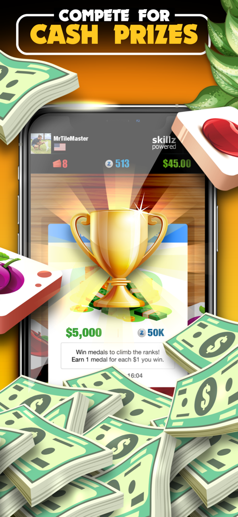 Mahjong Solitaire: Cash Master - Interfaz del juego Mahjong Solitario mostrando un trofeo dorado y montones de premios en efectivo.