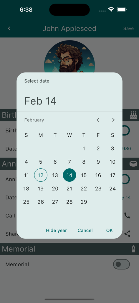myDays ( Birthday+ ) - Visualização do calendário para selecionar uma data de nascimento ou aniversário no aplicativo myDays