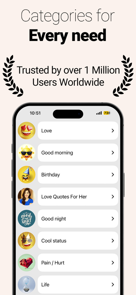 WhatsApp용 메시지 및 인용구 앱의 카테고리 목록: 사랑, 생일, 멋진 상태.
