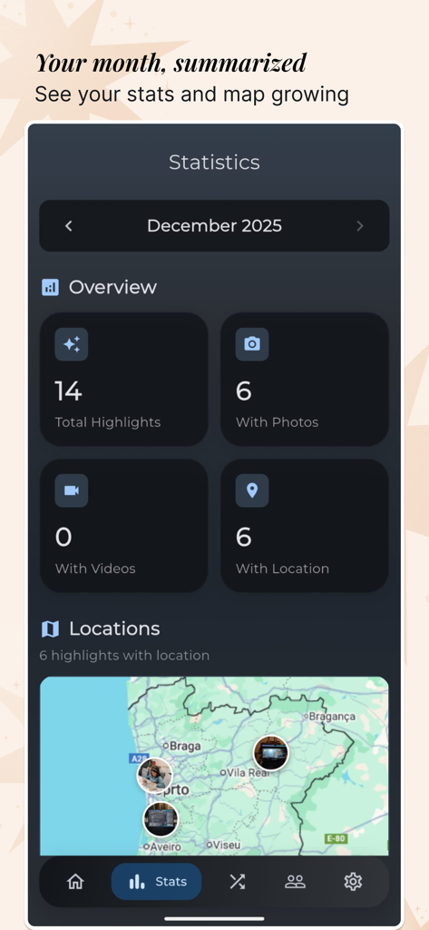 A summary dashboard of the Highlight app showing monthly journal statistics and a map of saved locations.