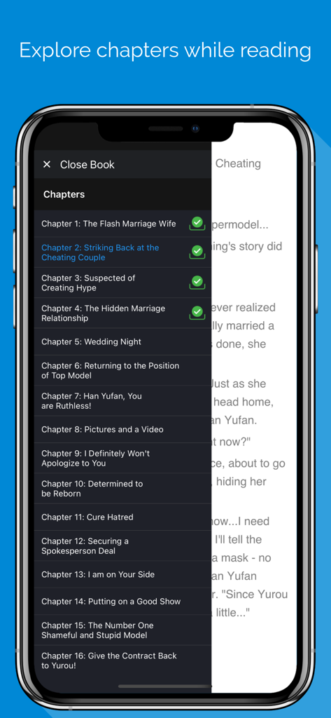 A smartphone screen showing the NovelReader app chapter selection sidebar with various story titles and download status icons