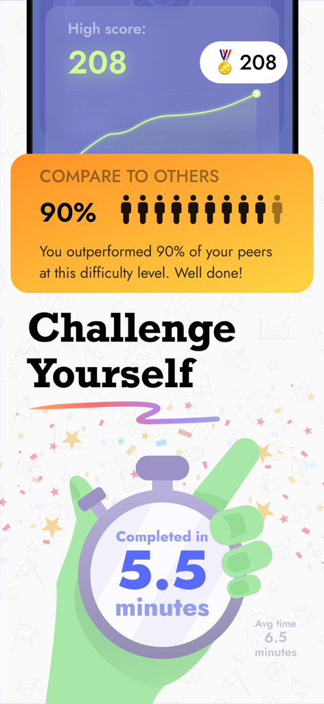 IQ Masters app results screen showing a ninety percent peer performance ranking and challenge completion time of five point five minutes