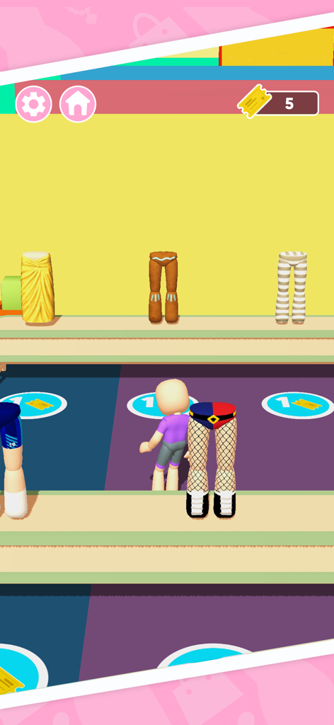 Famous Fashion - Dress Up Game - Gameplay screenshot of Famous Fashion Dress Up Game showing a character selecting pants and outfits on a 3D runway.