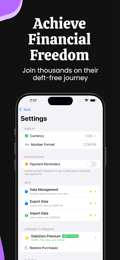 DebtZero - Debt Payoff Planner - Pantalla de configuración de la aplicación DebtZero que muestra la moneda, los recordatorios de pago y las opciones de gestión de datos.