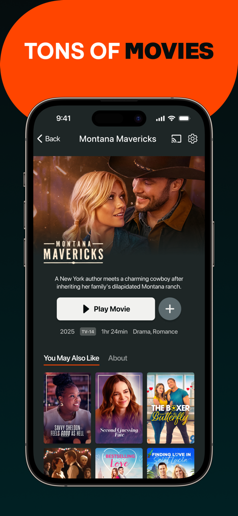 The CW app interface showing the movie detail page for Montana Mavericks and other movie recommendations.