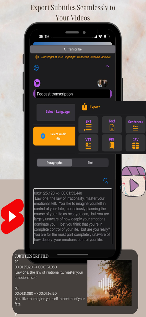 AI Transcribe app interface on an iPhone showing subtitle export options like SRT and PDF for podcast transcription