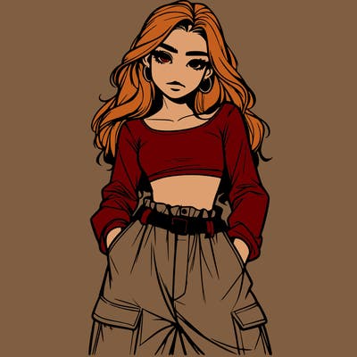 realistic teen girl with baggy pants and a crop top