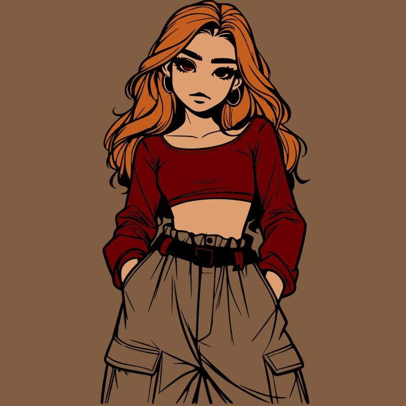 realistic teen girl with baggy pants and a crop top