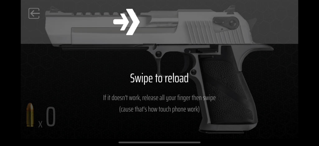 Gun Simulator - Shake to shoot - Una pistola digital en una pantalla con una instrucción para deslizar para recargar y un contador de municiones vacío.