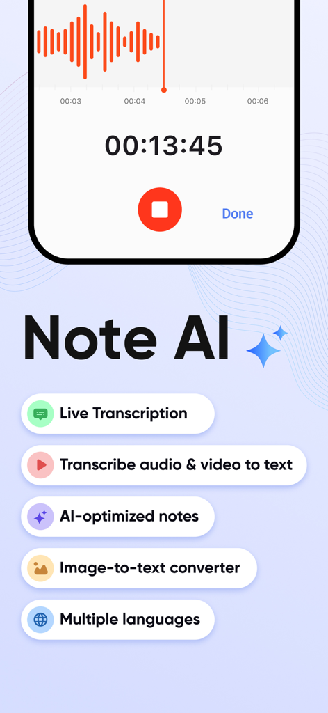 AI Notebook & Voice Memo - Note AI mobile app showing voice recording interface and key features like live transcription and AI notes