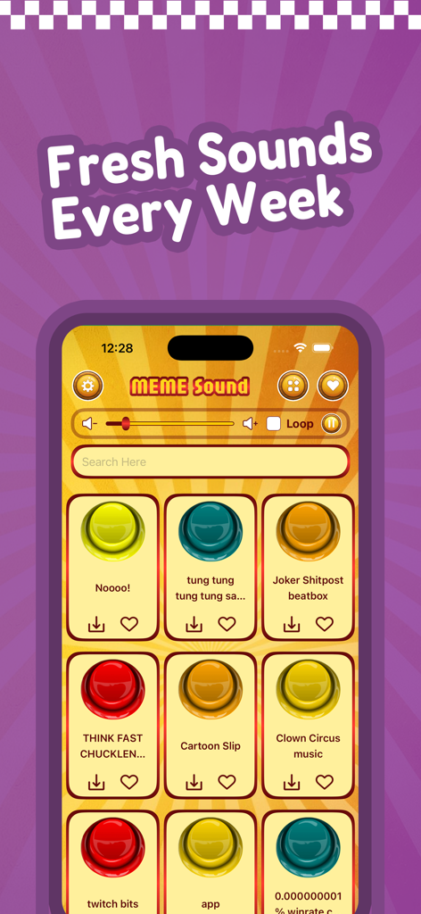 Interface do aplicativo Meme Soundboard mostrando uma grade de botões de som viral e texto de atualizações semanais