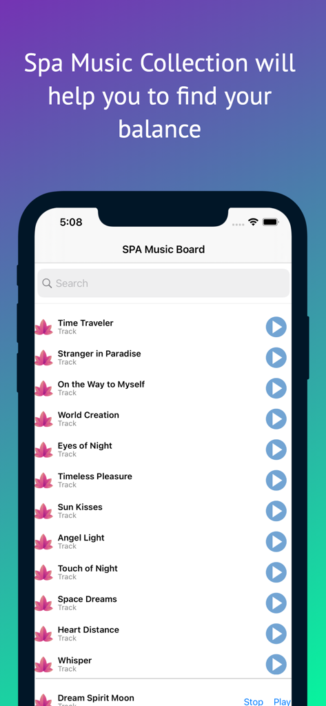A mobile app interface showing a playlist of relaxing tracks like Time Traveler and Stranger in Paradise with play buttons and lotus icons.