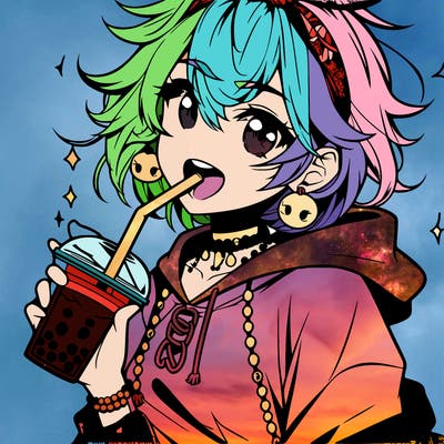 hot baddie anime girl drinking boba and biting the straw