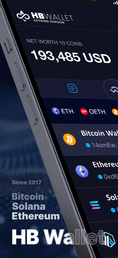 Ethereum Wallet - HB Wallet - Smartphone screen showing the HB Wallet app interface with a multichain crypto portfolio balance including Bitcoin, Ethereum, and Solana