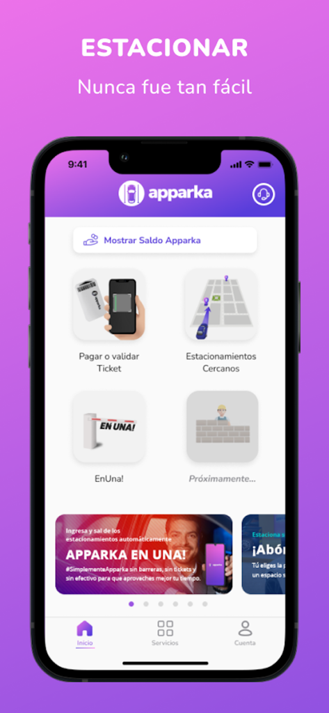 Apparka App - Home screen of the Apparka parking application showing features like paying tickets and finding nearby parking