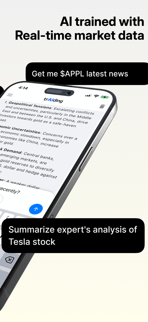 Screenshot of trAIdingGPT app showing AI trained with real-time market data for stock analysis
